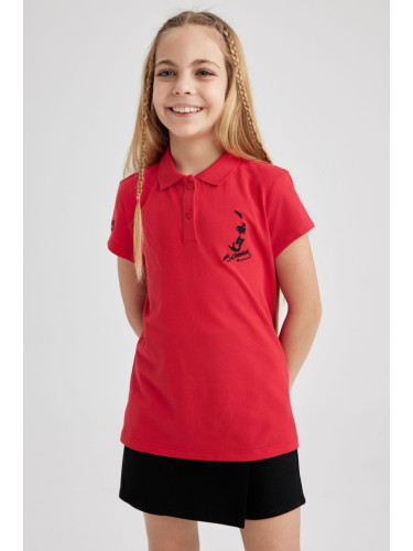 DEFACTO Girl's Atatürk Printed Pique Short Sleeve Red Polo T-Shirt