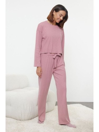 Trendyol Dusty Rose Tie/Bow Detailed Ribbed Knitted Pajama Set