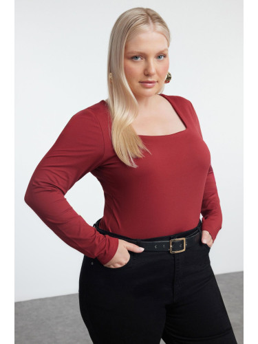 Trendyol Curve Claret Red Premium Square Neck Knitted Plus Size Bodysuit