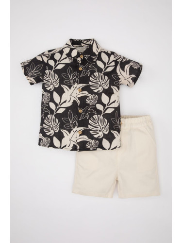 DEFACTO Baby Boy Palm Tree Patterned Flamed Poplin Shirt and Shorts 2-Piece Set