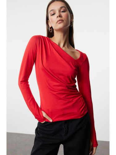 Trendyol Red Soft Touch/Soft Fabric Fitted Asymmetrical Collar Stretchy Knitted Blouse