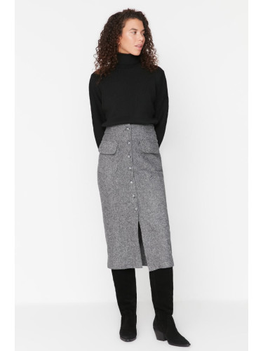 Trendyol Gray Pocket Detailed Buttoned Cashmere Fabric Midi Woven Skirt