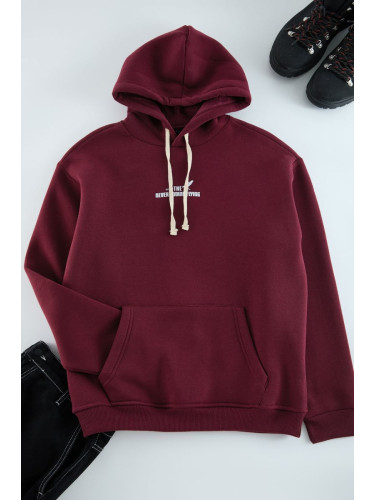 Trendyol Claret Red Oversize/Wide Cut Hooded Printed Fleece Inside Cotton Sweatshirt