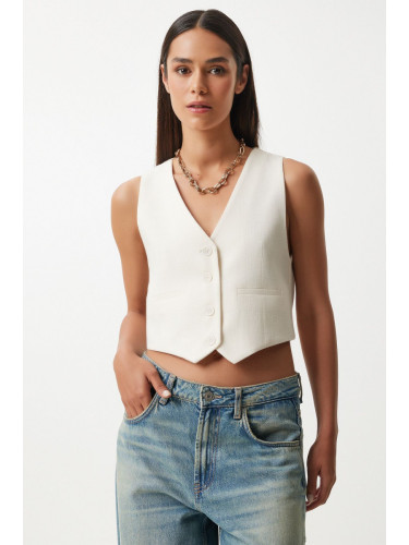Happiness İstanbul Women's White Linen Short Vest