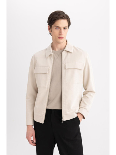 DEFACTO Regular Fit Shirt Collar Half Lining Zipper Closure Pocket Seasonal Linen Coat Jacket