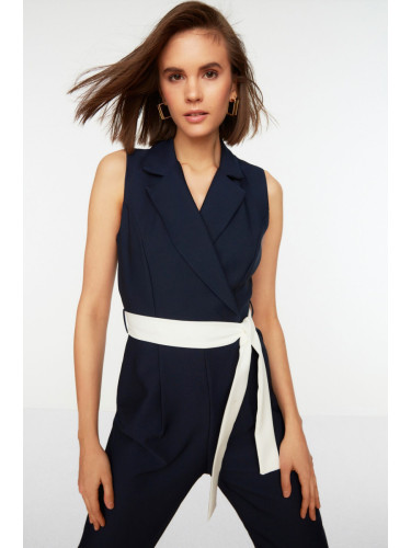 Trendyol Navy Blue Belted Double Breasted Collar Sleeveless Woven Jumpsuit