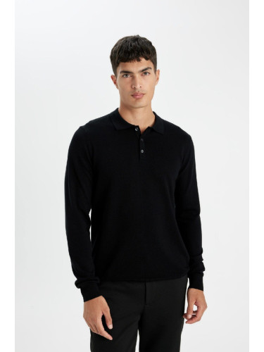 DEFACTO Black Standard Fit Regular Cut Polo Collar Soft Textured Premium Knitwear Sweater