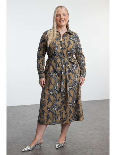 Trendyol Curve Khaki Women's Floral Midi Buttoned Belted Woven Plus Size Shirt Dress