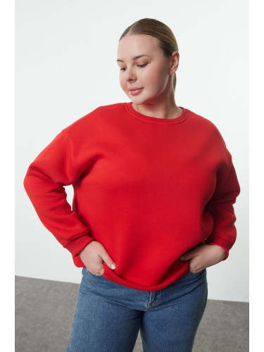 Trendyol Curve Red Oversize/Relaxed Fit Basic Crew Neck Thick/Polar Inside Knitted Sweatshirt