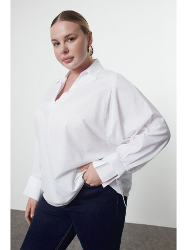 Trendyol Curve White Basic Long Sleeve Elastic Back Woven Plus Size Blouse