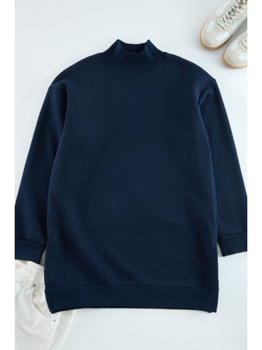 Trendyol Navy Blue Stand Collar Slit Detailed Furry Oversize Knitted Sweatshirt