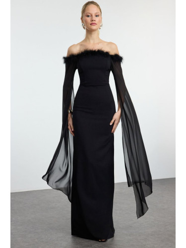 Trendyol Black Sleeve Detailed Otrish Woven Long Night Evening Dress