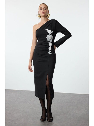 Trendyol Black Ecru Embroidery Detailed Single Sleeve Woven Elegant Evening Dress