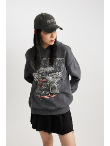 DEFACTO Cool Oversize Fit Printed Hooded Thick Washed Faded Effect Sweatshirt