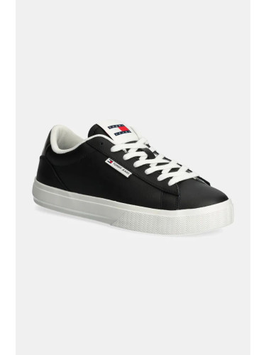 Кожени маратонки Tommy Jeans TJW CUPSOLE SNEAKER METALLIC в черно EN0EN02686