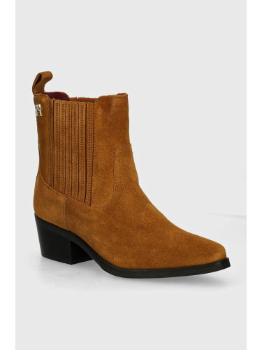 Велурени боти челси Tommy Hilfiger TH SUEDE COWBOY BOOT в кафяво с дебел ток FW0FW08034