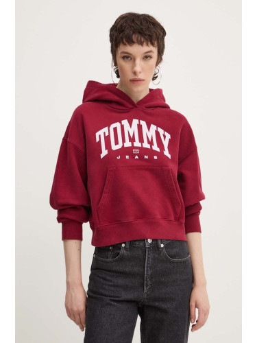 Памучен суичър Tommy Jeans в бордо с качулка с принт DW0DW19291