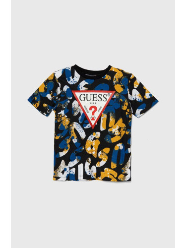 Детска памучна тениска Guess в синьо с десен L4YI04 K8HM3