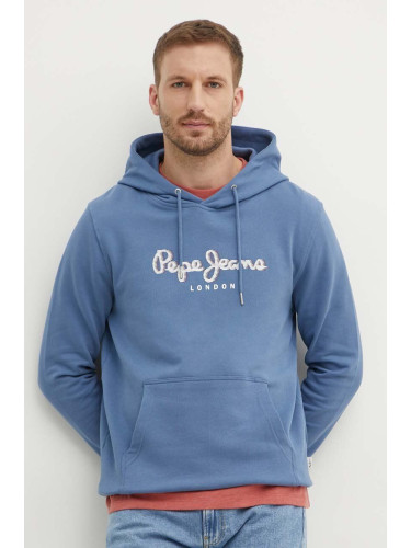 Памучен суичър Pepe Jeans SAUL HOODIE в синьо с качулка с принт PM582695