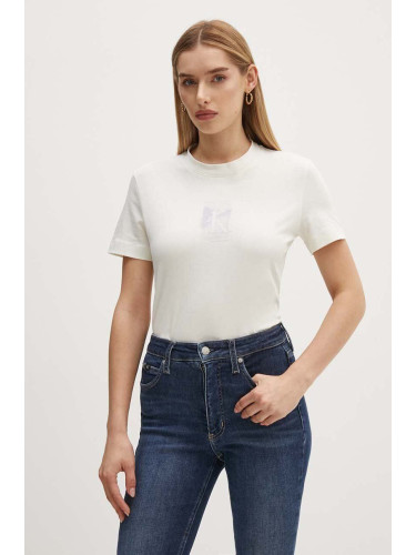 Памучна тениска Calvin Klein Jeans в бежово J20J223908