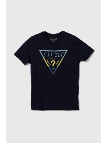 Детска памучна тениска Guess в тъмносиньо с апликация L4YI06 K8HM4