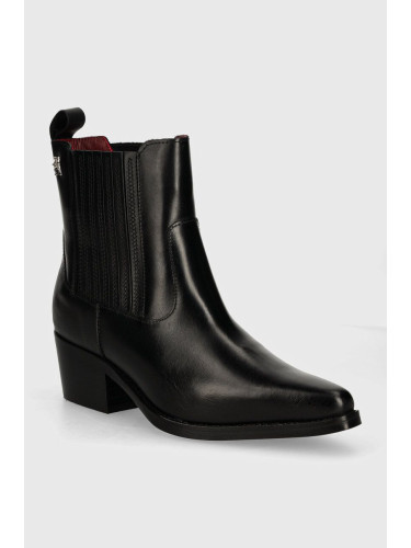 Кожени боти челси Tommy Hilfiger TH LEATHER COWBOY BOOT в черно с дебел ток FW0FW08033