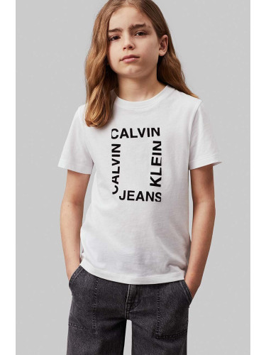 Детска памучна тениска Calvin Klein Jeans в бяло с принт IB0IB02159