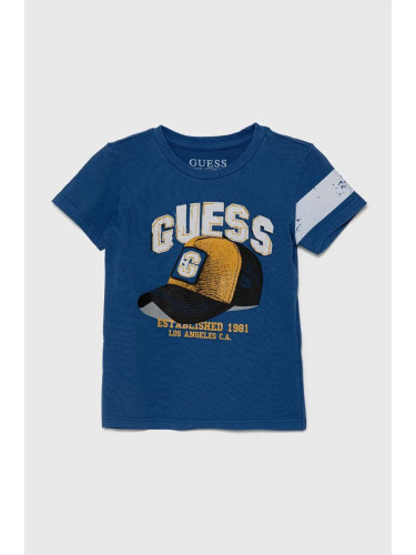 Детска памучна тениска Guess в синьо с принт N4YI04 K8HM4