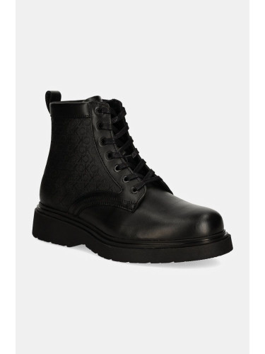 Кожени туристически обувки Calvin Klein LACE UP BOOT W/ ZIP MONO в черно HM0HM01580