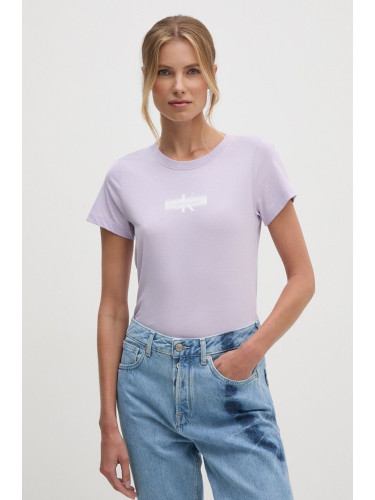 Памучна тениска Calvin Klein Jeans в лилаво J20J223625