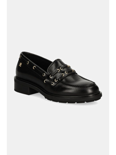 Кожени мокасини Tommy Hilfiger NAUTICAL EYELETS LEATHER LOAFER в черно с платформа FW0FW08148