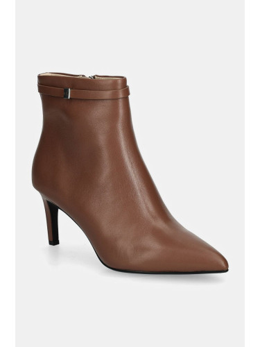 Кожени боти Calvin Klein HEEL ANKLE BOOT 70 W/HW LTH в кафяво с тънък ток HW0HW02172