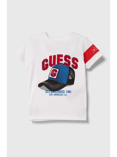 Детска памучна тениска Guess в бяло с принт N4YI04 K8HM4