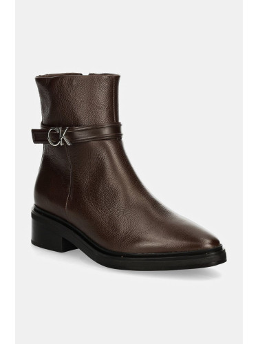 Кожени боти Calvin Klein HEEL ANKLE BOOT 30 W/HW LTH в кафяво с равна подметка HW0HW02183