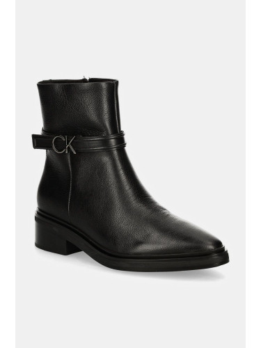 Кожени боти Calvin Klein HEEL ANKLE BOOT 30 W/HW LTH в черно с равна подметка HW0HW02183