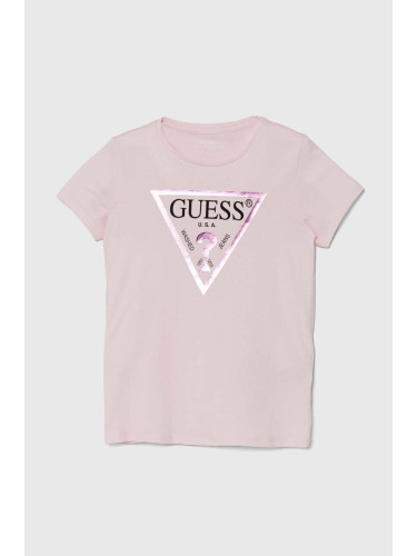 Детска памучна тениска Guess в розово J73I56 K8HM0