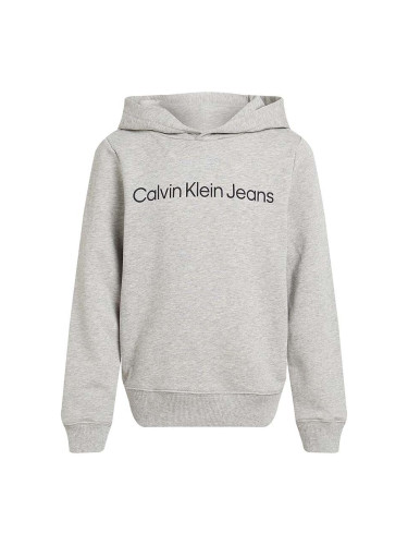 Детски памучен суичър Calvin Klein Jeans в сиво с качулка с принт IU0IU00601