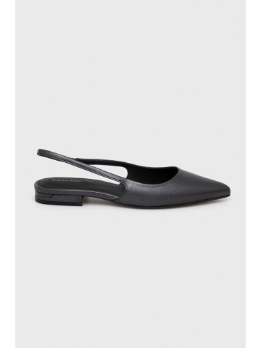 Кожени балеринки Calvin Klein FLAT SLINGBACK PUMP PEARL в черно с отворена пета HW0HW02120