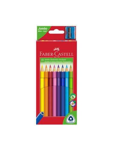 Faber-Castell Цветни моливи Triangular Jumbo, 10 цвята, с включена острилка