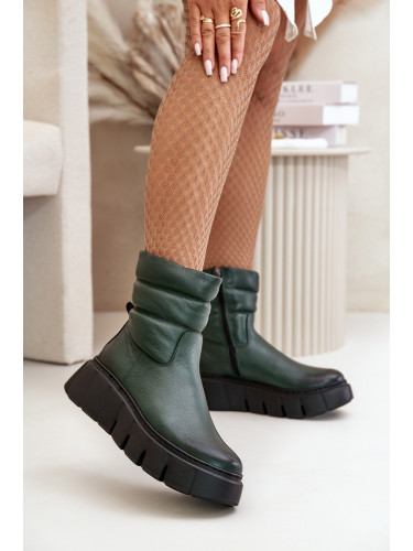Дамски кожени ботуши с цип, изолиран с филц Тъмно зелено Zazoo 60512