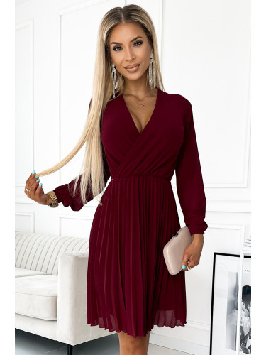 313-15 ISABELLE Pleated dress with neckline and long sleeve - Burgundy color