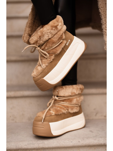 BIG STAR SHOES Кожени дамски ботуши за сняг на дебела подметка с косъм Голяма звезда