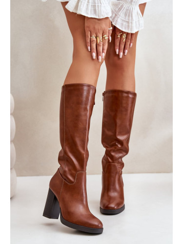 Heeled Cossacks Eco Leather Above The Knee Camel Riamaya