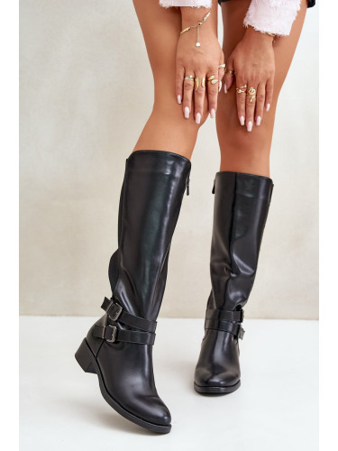 Women's knee-high boots on a flat heel with buckles black Lotina