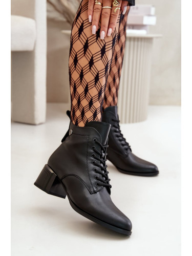 Lace-up women's ankle boots on heel made of natural leather insulated black vinceza