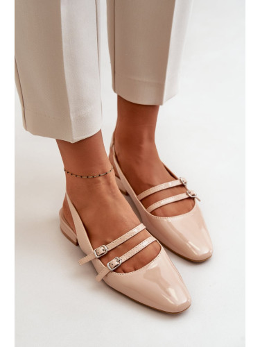 Patent Leather Ballerinas with Low Heel Straps Beige Bialettia