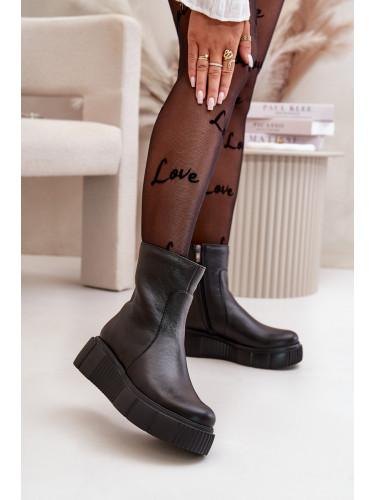 Черни дамски кожени боти на платформа Zazoo 60369