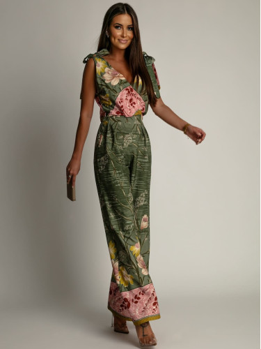 Patterned women's jumpsuit with wide legs green