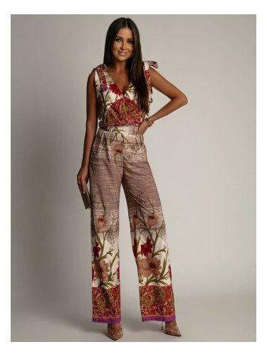 Patterned women's jumpsuit with wide leg beige