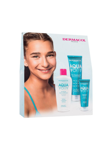 Dermacol Aqua Подаръчен комплект крем за лице Aqua Moisturizing Rich Cream 50 ml + почистващ гел за лице Aqua Face Cleansing Gel 150 ml + средство за премахване на грим Aqua Oil-Infused Make-Up Remover 200 ml